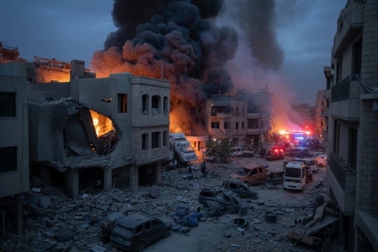 City street in ruins with collapsed buildings, smoke rising, and emergency vehicles on the scene at dusk.
