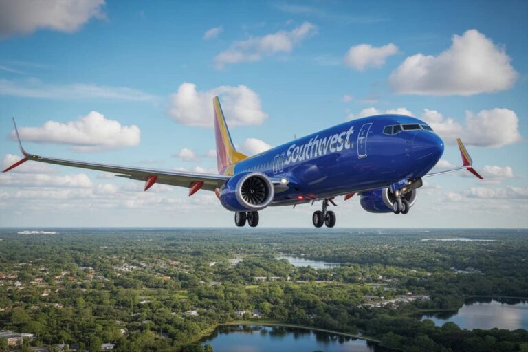 Southwest Airlines jet flying low over a green landscape with lakes and trees under a blue sky.