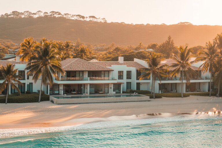 Luxurious beachfront villa complex with terraces and palm trees at sunset along a sandy shore. (informational)