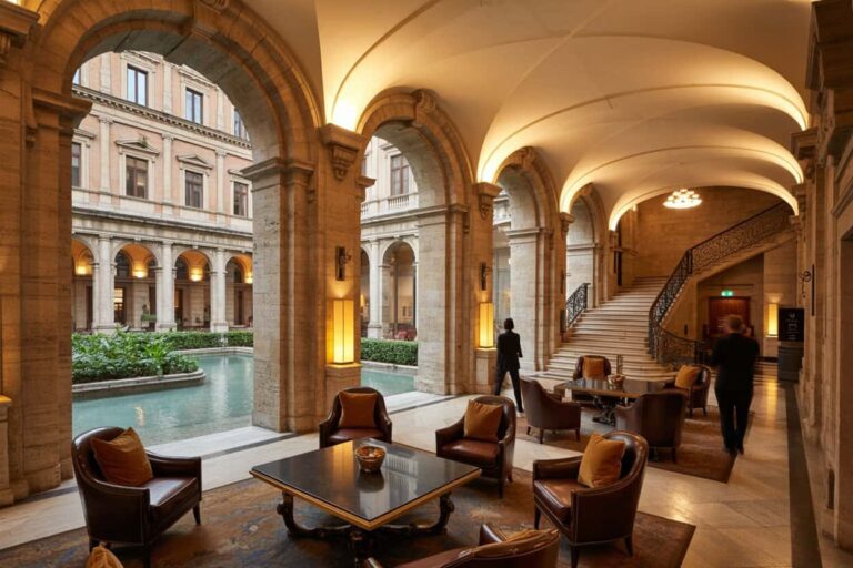 Elegant indoor courtyard with stone arches, a central pool, and leather chairs around a glass coffee table in warm lighting.