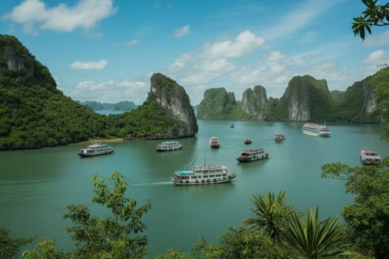 Scenic bay with emerald water and limestone islands; several tour boats cruise amid green cliffs.