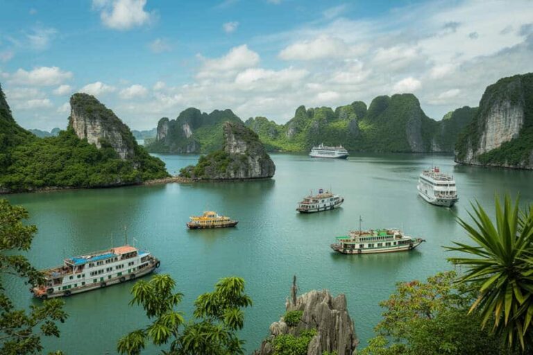 Turquoise bay with limestone islets and several colorful tour boats sailing among green cliffs under a blue sky.