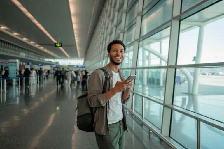 Smiling man with a backpack stands in a bright airport terminal, looking at his phone.