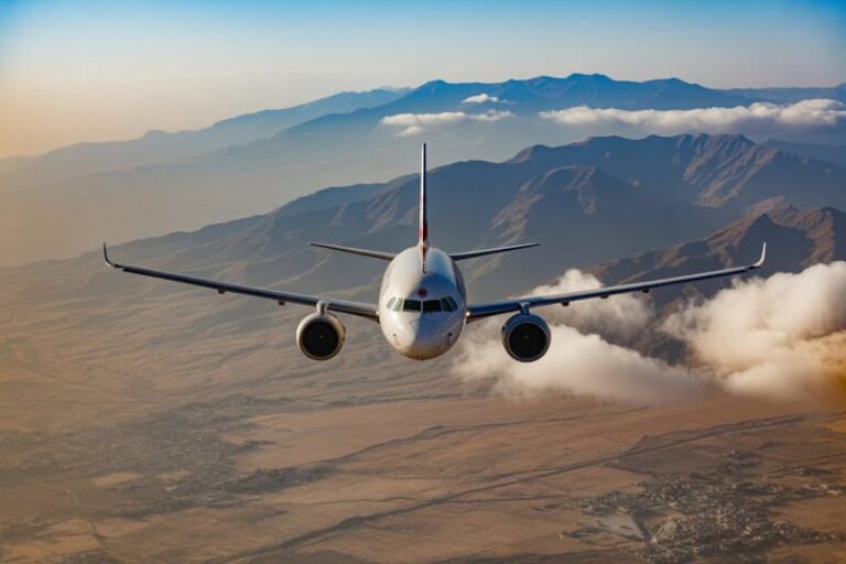 Front view of a passenger jet flying toward the camera over a desert valley with distant mountains and clouds at the horizon.