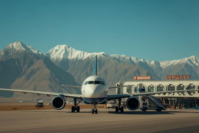 Airplane parked on the runway at a mountain airport, with a terminal building and snow-capped peaks in the background in the distance. (Informative)