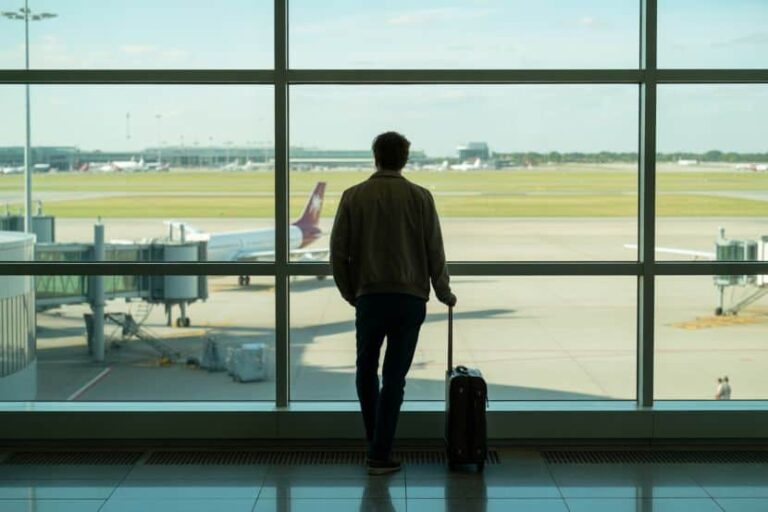 Man standing with a rolling suitcase at an airport gate, looking out at the runway and airplanes beyond the glass wall.