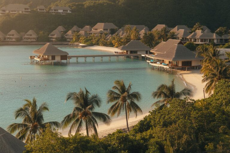 Overwater bungalows on a turquoise lagoon connected by a wooden boardwalk, with palm trees and a white sandy beach nearby.