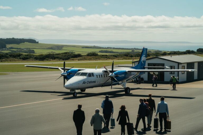 Propeller plane on a tarmac with passengers walking toward it, preparing for boarding at a small airport scenery by fields and sea.