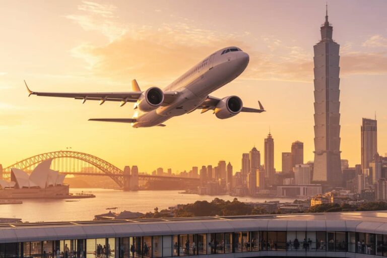 Airplane taking off over Sydney skyline at sunset, with the Opera House and Harbour Bridge nearby.