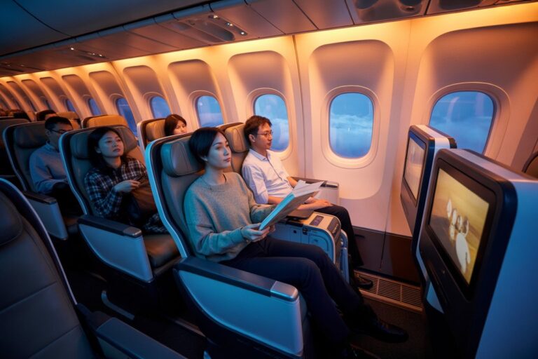 Business-class airplane cabin with passengers seated; a woman in the foreground reads a booklet while a man beside her watches an in-seat screen at the window-lit setup.