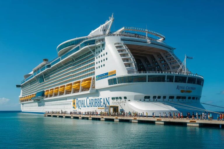 Large white Royal Caribbean cruise ship docked at a pier with passengers walking along the gangway under a blue sky, yellow lifeboats visible on the side.