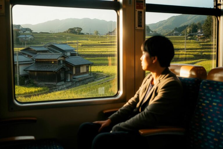 Passenger sits by the train window, gazing at traditional wooden houses and golden rice terraces bathed in sunset light.
