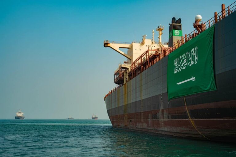 Large cargo ship at sea with a green banner displaying Arabic script and a sword on its side; several smaller ships in the distance.