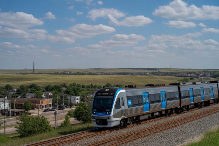 Modern blue-silver passenger train on elevated tracks through a rural town under a blue sky with scattered clouds.