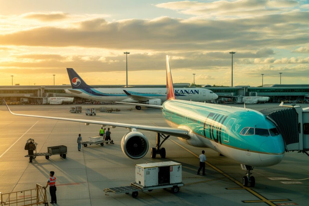 Airplane on the gate at sunset with ground crew and luggage carts nearby on the tarmac, the turquoise jet in the foreground and another aircraft in the background.