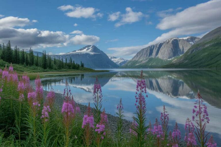 Tranquil alpine lake reflecting snow‑capped mountains and blue sky, with pink wildflowers in the foreground