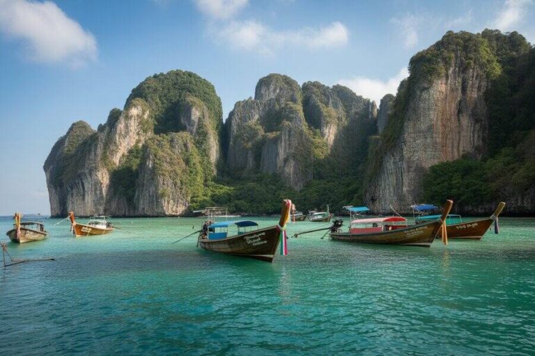 Traditional long-tail boats anchored in clear turquoise water with towering limestone cliffs in the background