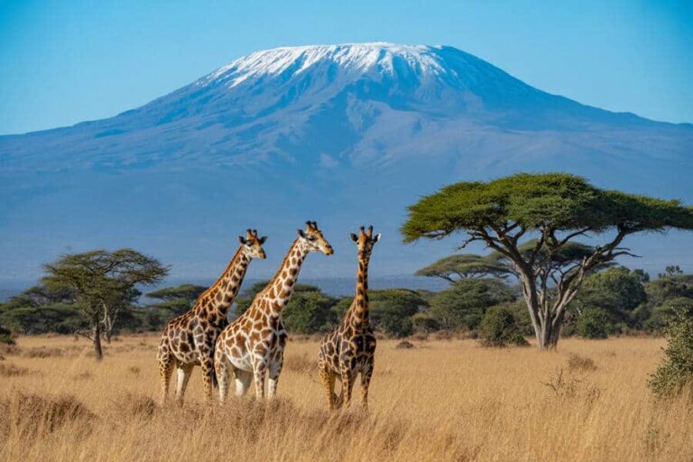 Three giraffes standing together in a dry grass savannah with a snow-capped mountain and umbrella-shaped trees in the background, under a clear blue sky.