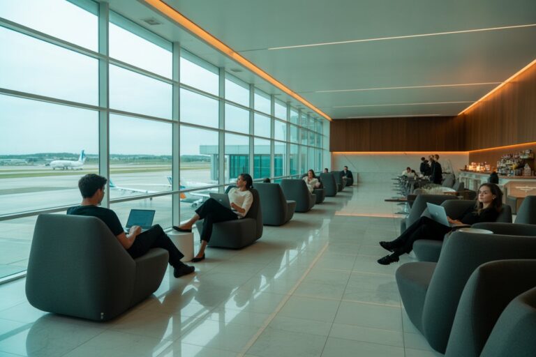 Passengers sit in a modern airport lounge by large windows, working on laptops as planes taxi outside the window.