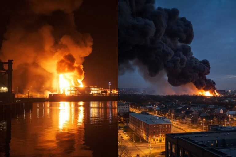 Industrial fire at a waterfront facility with thick orange flames and smoke rising into the night sky (left panel).