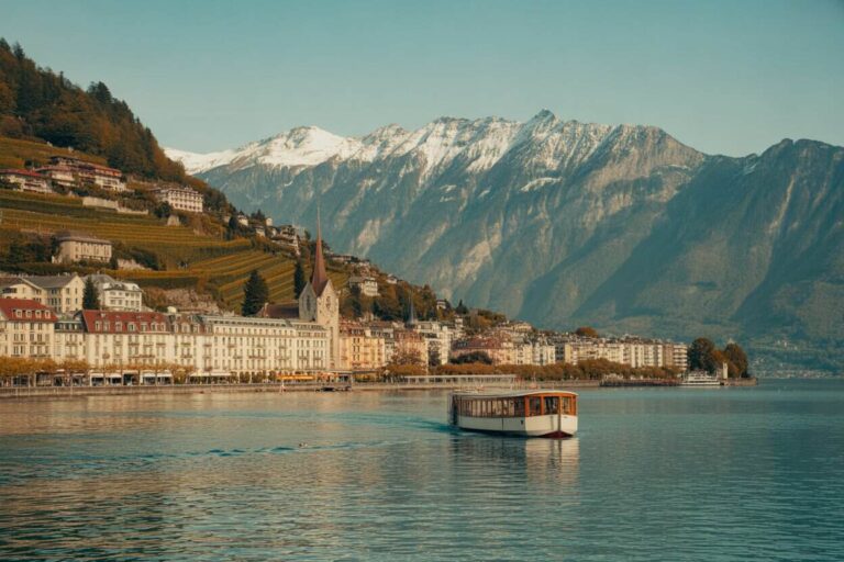 Boat cruising on a calm lake with a lakeside town and snow-capped mountains beyond.