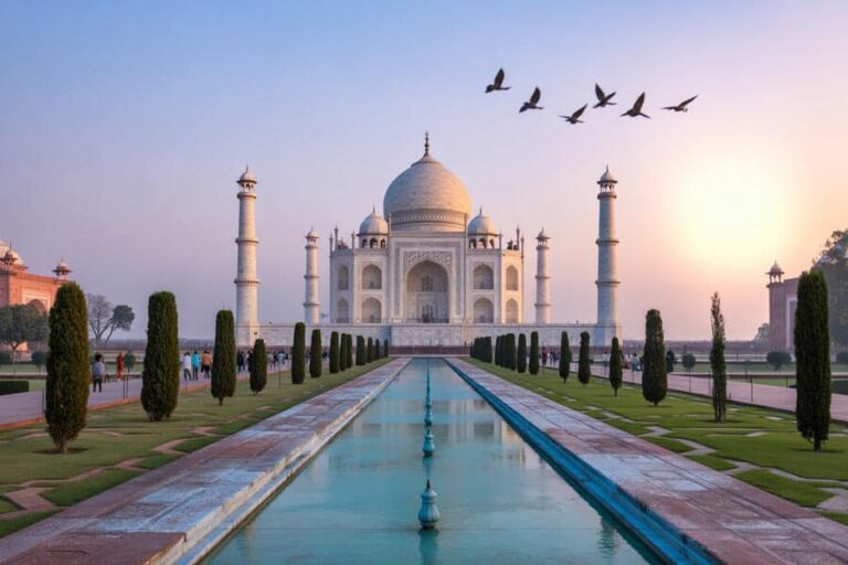 Taj Mahal at sunrise with a long reflecting pool, bordered by trees and walkways on both sides.