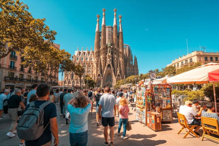 Crowded city square in front of the Sagrada Família with market stalls and outdoor seating under a clear blue sky.