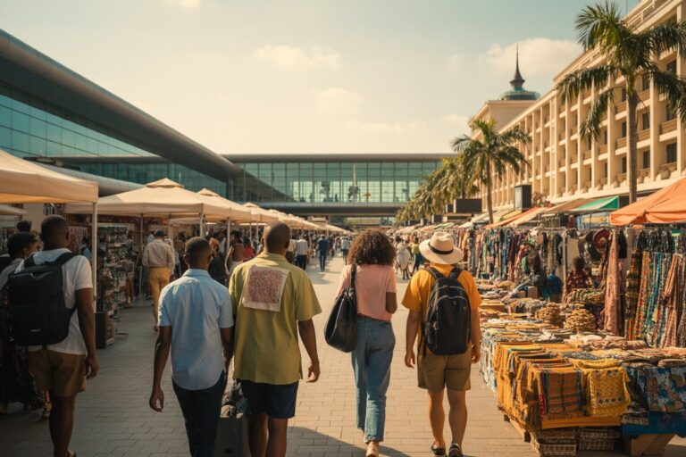 People walk through an outdoor market lined with stalls selling textiles and crafts under beige canopies on a sunny day near a modern glass building and palm trees.