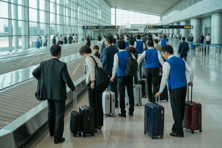 Business travelers line up with rolling suitcases in a modern glass-walled airport terminal.
