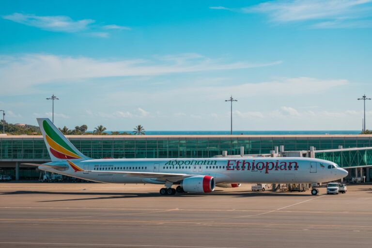 Ethiopian Airlines jet parked at the gate with a colorful tail against a blue sky and terminal in the background.