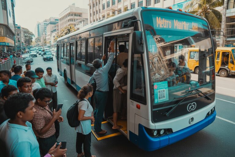 Crowded city bus with passengers boarding via the open door on a busy urban street edge.