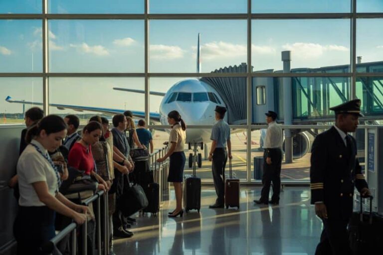 Passengers lined up with luggage at a jet bridge, boarding a large airliner at the gate.