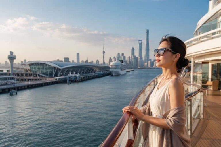 Woman in sunglasses leaning on a cruise ship balcony, looking out over a harbor with a modern city skyline in the distance.