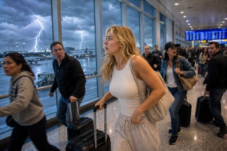 Woman in white outfit pulls a rolling suitcase through a crowded airport terminal as lightning flashes outside the windows.