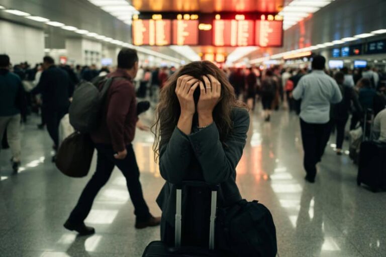 Overwhelmed woman at a busy airport terminal, hands on her head beside a rolling suitcase as travelers pass by.