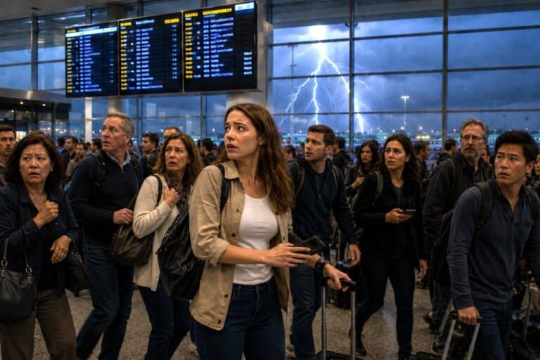 Crowd of travelers in an airport terminal looking anxious as lightning strikes outside the windows behind them.