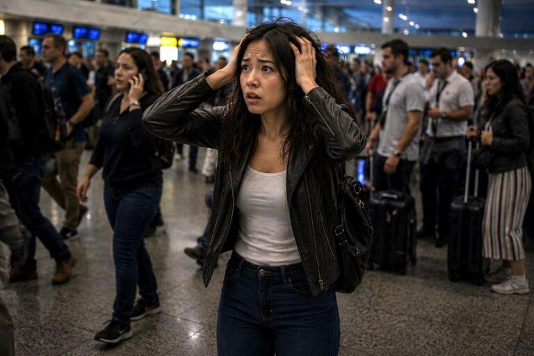 Woman in a leather jacket holding her head, looking worried in a crowded airport terminal.