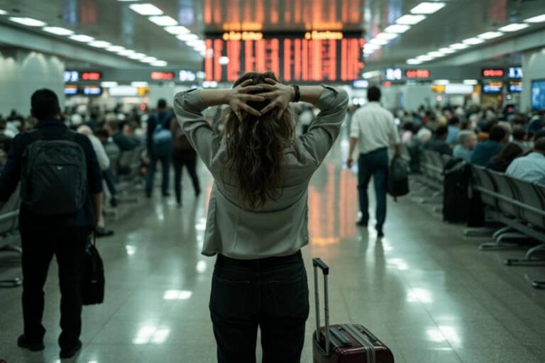Woman in a gray jacket stands with hands on her head in a crowded airport/transit terminal, with a rolling suitcase nearby.