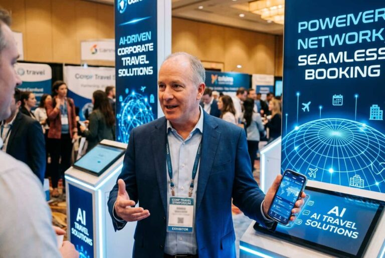 Exhibitor at a conference gesturing while presenting AI travel solutions on a smartphone at a blue booth with 'AI Travel Solutions' signage and a badge reading 'Exhibitor'.