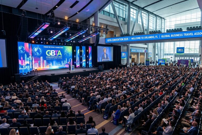 Large conference hall with a stage and speakers at GBTA Convention 2025, audience seated in rows by the podium