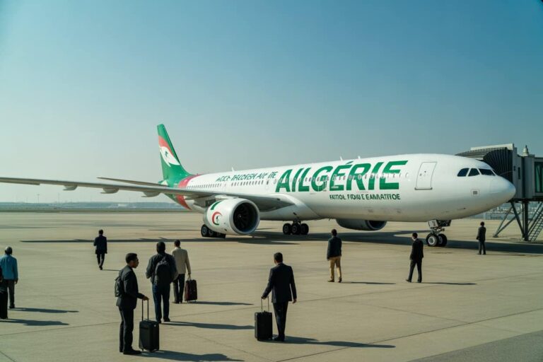 White passenger jet with green 'ALGERIE' branding sits at a gate as passengers with rolling suitcases approach the aircraft on the tarmac.