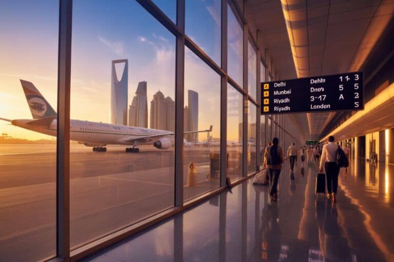 Airplane on the tarmac visible through glass walls of a modern airport terminal at sunset. (Informative)