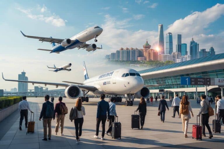 Passengers with luggage approach a large airplane at a modern airport, city skyline in the background.