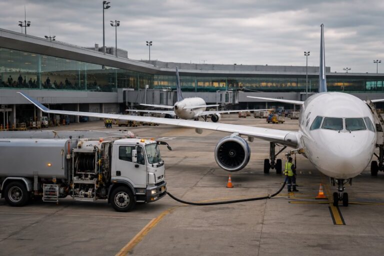 Fuel truck connected to a white passenger plane for refueling at an airport gate, with crew members nearby and terminal in the background.