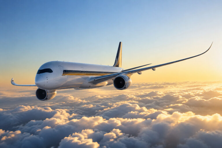 Commercial jet cruising above clouds at sunset, wings spread and engines visible in greeting light.