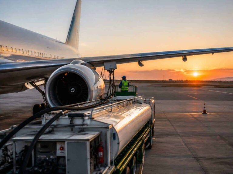 Ground crew in a high-visibility vest stands on a platform beside a large commercial airplane's wing, fueling at sunset on the tarmac.