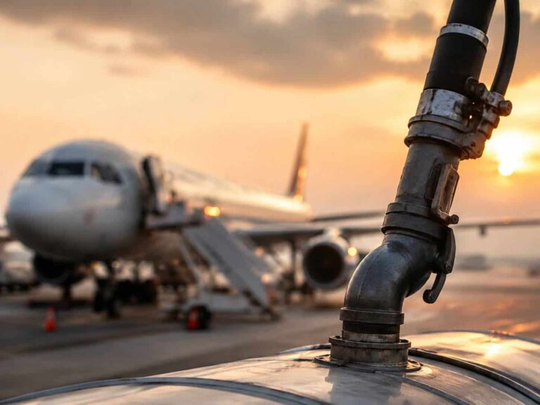 Jet fuel hose connected to an airplane’s wing at sunset, fueling the aircraft on the tarmac