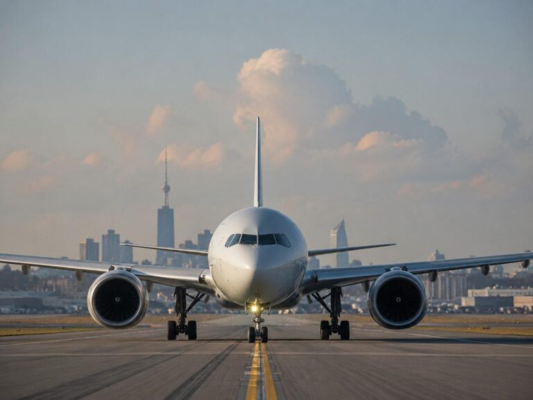 Front view of a large white commercial airplane on a runway, engines visible, city skyline in the distance.