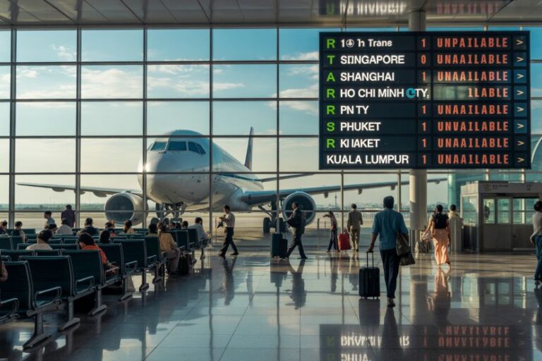 Airplane at a gate inside a bright airport terminal; passengers seated and walking nearby with a flight-information board on the right.