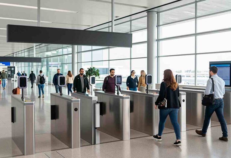 Passengers walk through automated security gates at a bright airport terminal